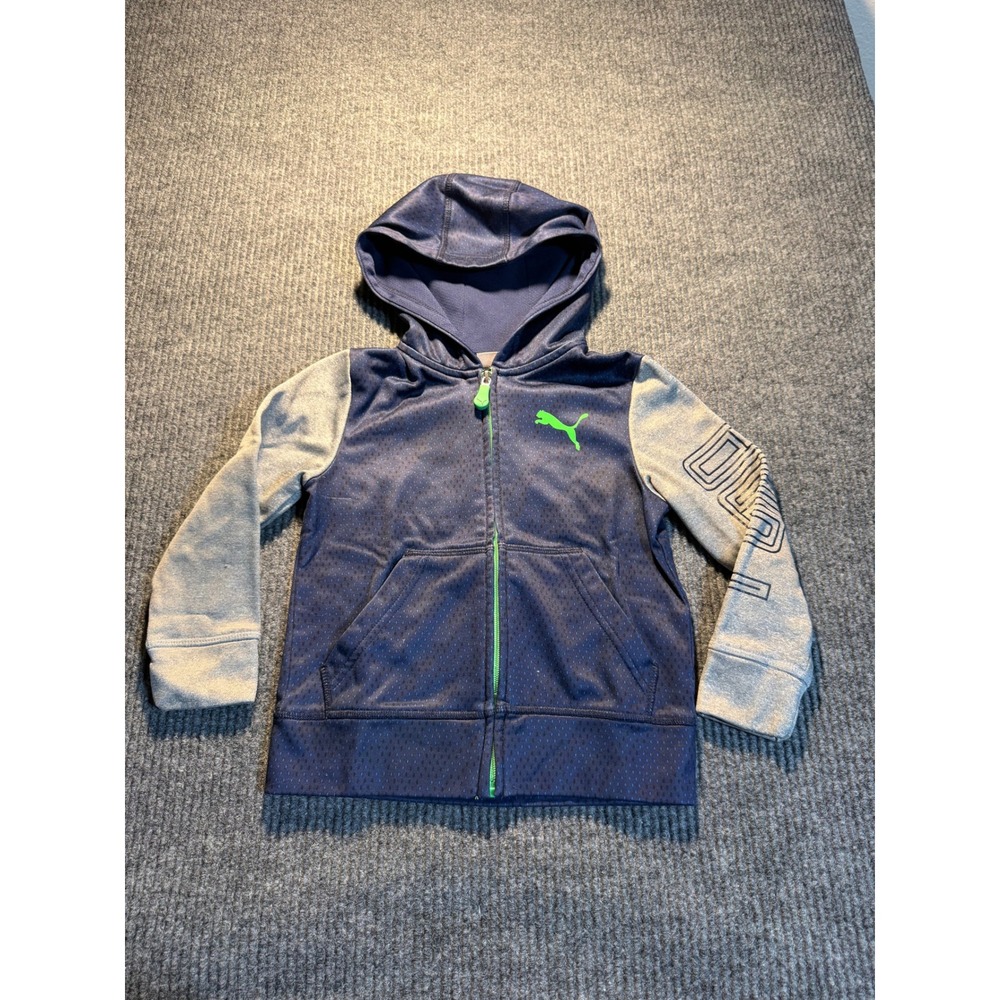 Puma Boys Full Zip Hoodie Navy Blue Gray Lime Green Logo Sweatshirt Size 4